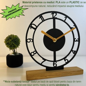 Ceas de birou - Mecanism SILENTIOS – DECORADI®, Eco-friendly, Baza din Lemn Natural, Afisare cu cifre arabe, Design Abstract, Negru 22 cm – Cadou sau Ceas de camera decorativ cu design modern, Printat 3D din PLA ECO(plastic biodegradabil) - Img 3