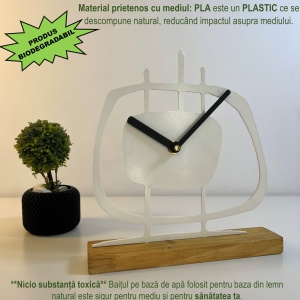 Ceas de birou - Mecanism SILENTIOS – DECORADI®, Eco-friendly, Baza din Lemn Natural, Design Abstract, Alb 21.5cm – Cadou sau Ceas de camera decorativ cu design modern, Printat 3D din PLA ECO (plastic biodegradabil) - Img 3