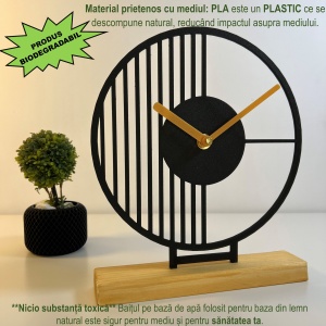 Ceas de birou - Mecanism SILENTIOS – DECORADI®, Eco-friendly, Baza din Lemn Natural, Design Abstract, Negru 22.5cm – Cadou sau Ceas de camera decorativ cu design modern, Printat 3D din PLA ECO (plastic biodegradabil) - Img 3