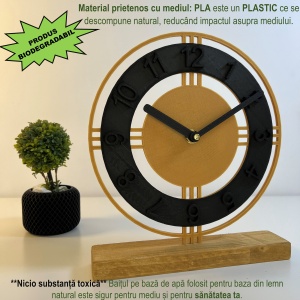 Ceas de birou - Mecanism SILENTIOS – DECORADI®, Eco-friendly, Baza din Lemn Natural, Afisare cu cifre arabe, Design Abstract, Auriu / Negru 22 cm – Cadou sau Ceas de camera decorativ cu design modern, Printat 3D din PLA (plastic biodegradabil) - Img 3