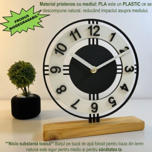 Ceas de birou - Mecanism SILENTIOS – DECORADI®, Eco-friendly, Baza din Lemn Natural, Afisare cu cifre arabe, Design Abstract, Negru / Alb 22.5 cm – Cadou sau Ceas de camera decorativ cu design modern, Printat 3D din PLA (plastic biodegradabil) - Img 3