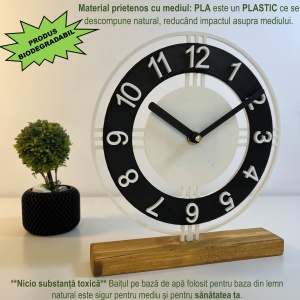 Ceas de birou - Mecanism SILENTIOS – DECORADI®, Eco-friendly, Baza din Lemn Natural, Afisare cu cifre arabe, Design Abstract, Alb / Negru 22.5 cm – Cadou sau Ceas de camera decorativ cu design modern, Printat 3D din PLA (plastic biodegradabil) - Img 3