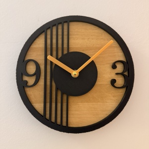 Ceas decorativ de perete, Mecanism SILENTIOS, DECORADI®, Diametru 21 cm, Cadran din LEMN NATURAL, Eco-friendly, Design Modern, Negru, Printat 3D din PLA ECO(plastic biodegradabil)
