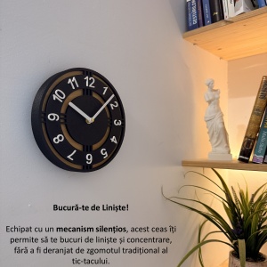 Ceas decorativ de perete, Mecanism SILENTIOS, DECORADI®, Diametru 21 cm, Afisare cu cifre arabe, Cadran din LEMN NATURAL, Eco-friendly, Design Modern, Negru, Printat 3D din PLA ECO(plastic biodegradabil) - Img 3