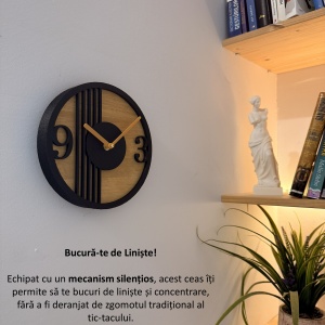 Ceas decorativ de perete, Mecanism SILENTIOS, DECORADI®, Diametru 21 cm, Cadran din LEMN NATURAL, Eco-friendly, Design Modern, Negru, Printat 3D din PLA ECO(plastic biodegradabil) - Img 3