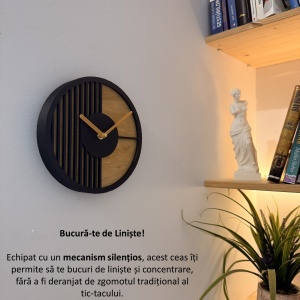 Ceas decorativ de perete, Mecanism SILENTIOS, DECORADI®, Diametru 21 cm, Cadran din LEMN NATURAL, Eco-friendly, Design Modern, Negru, Printat 3D din PLA ECO(plastic biodegradabil) - Img 3