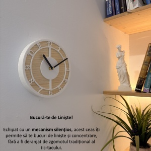 Ceas decorativ de perete, Mecanism SILENTIOS, DECORADI®, Diametru 21 cm, Afisare cu cifre arabe, Cadran din LEMN NATURAL, Eco-friendly, Alb, Design Modern, Negru, Printat 3D din PLA ECO(plastic biodegradabil) - Img 5