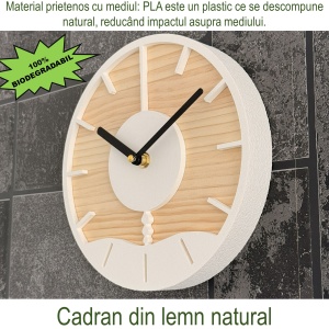 Ceas decorativ de perete, Mecanism SILENTIOS, DECORADI®, Diametru 21 cm, Cadran din LEMN NATURAL, Eco-friendly, Design Modern, Alb, Printat 3D din PLA ECO(plastic biodegradabil) - Img 5