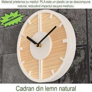 Ceas decorativ de perete, Mecanism SILENTIOS, DECORADI®, Diametru 21 cm ,Cadran din LEMN NATURAL, Eco-friendly, Design Modern, Alb, Printat 3D din PLA ECO(plastic biodegradabil) - Img 5