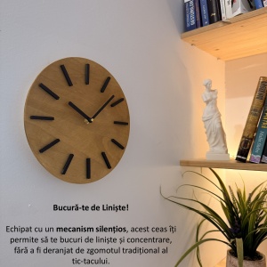 Ceas decorativ de perete, Mecanism SILENTIOS, DECORADI®, Diametru 25 cm, Cadran din LEMN NATURAL, Eco-friendly, Design Modern, Auriu, Printat 3D din PLA ECO(plastic biodegradabil) - Img 3