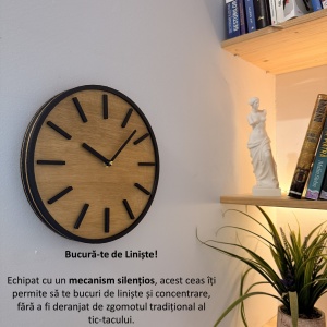 Ceas decorativ de perete, Mecanism SILENTIOS, DECORADI®, Diametru 26 cm, Cadran din LEMN NATURAL, Eco-friendly, Design Modern, Negru, Printat 3D din PLA ECO(plastic biodegradabil) - Img 3