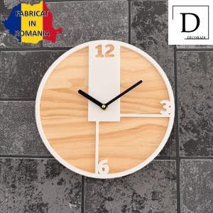 Ceas decorativ de perete, Mecanism SILENTIOS, DECORADI®, Diametru 26 cm, Cadran din LEMN NATURAL, Eco-friendly, Design Modern, Alb, Printat 3D din PLA ECO(plastic biodegradabil) - Img 3