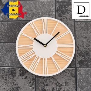 Ceas decorativ de perete, Mecanism SILENTIOS, DECORADI®, Diametru 26 cm, Afisare cu cifre Romane, Cadran din LEMN NATURAL, Eco-friendly, Design Modern, Alb, Printat 3D din PLA ECO(plastic biodegradabil) - Img 3