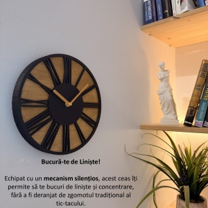 Ceas decorativ de perete, Mecanism SILENTIOS, DECORADI®, Diametru 26 cm, Afisare cu cifre Romane, Cadran din LEMN NATURAL, Eco-friendly, Design Modern, Negru, Printat 3D din PLA ECO(plastic biodegradabil) - Img 3