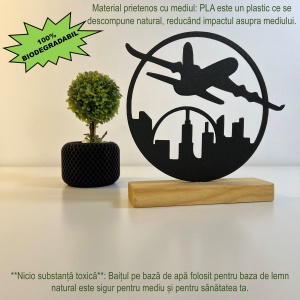 Decoratiune Casa, Avion – DECORADI®, Eco-friendly, Baza din Lemn Natural, Design Modern, Negru 16.5cm – Cadou sau Decoratiune de interior ideala pentru iubitorii de calatorii, Printat 3D din PLA Eco (plastic biodegradabil) - Img 3