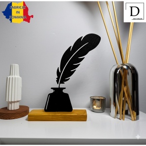 Decoratiune Casa, Calimara cu pana de scris – DECORADI®, Eco-friendly, Baza din Lemn Natural, Design Abstract, Negru 20.5cm – Cadou sau Decoratiune de interior ideala pentru iubitorii scrisului, Printat 3D din PLA (plastic biodegradabil) - Img 2