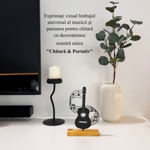 Decoratiune Casa, Chitara & Portativ – DECORADI®, Eco-friendly, Baza din Lemn Natural, Design Modern, Negru 21cm – Cadou sau decoratiune de interior ideala pentru iubitorii de muzica, Printat 3D din PLA Eco (plastic biodegradabil) - Img 4