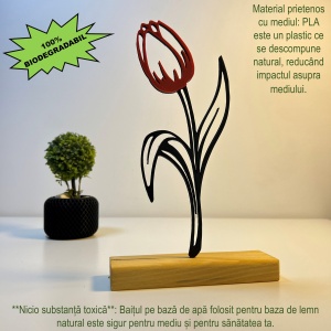 Decoratiune Casa, Lalea – DECORADI®, Eco-friendly, Baza din Lemn Natural, Cadoul Perfect pentru persoana IUBITA, Negru / Rosu 22 cm – Decoratiune de interior cu Design Modern, Printat 3D din PLA Eco (plastic biodegradabil) - Img 3