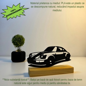 Decoratiune Casa, Masina Clasica Anii '80 – DECORADI®, Eco-friendly, Baza din Lemn Natural, Cadou sau Decoratiune de interior pentru ideala iubitorii de masini, Design Modern, Negru 9cm, Printat 3D din PLA Eco (plastic biodegradabil) - Img 6