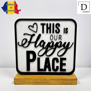Decoratiune Casa, Our Happy Place – DECORADI®, Eco-friendly, Baza din Lemn Natural, Design Modern, alb / negru 15cm – Cadou sau Decoratiune de interior ideala pentru Casa Noua, Printat 3D din PLA ECO (plastic biodegradabil) - Img 2