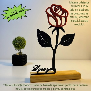 Decoratiune Casa, Trandafir LOVE YOU – DECORADI®, Eco-friendly, Baza din Lemn Natural, Cadoul Perfect pentru persoana IUBITA, Negru / Rosu 22cm – Decoratiune de interior cu Design Modern, Printat 3D din PLA (plastic biodegradabil) - Img 3