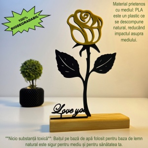 Decoratiune Casa, Trandafir LOVE YOU – DECORADI®, Eco-friendly, Baza din Lemn Natural, Cadoul Perfect pentru persoana IUBITA, Negru / Galben 22cm – Decoratiune de interior cu Design Modern, Printat 3D din PLA (plastic biodegradabil) - Img 3