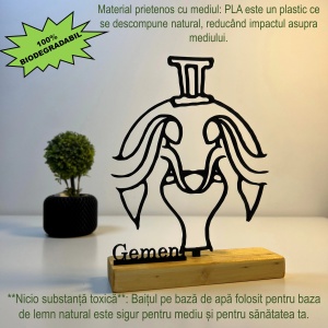 Decoratiune Casa, zodia GEMENI – DECORADI®, Eco-friendly, Baza din Lemn Natural, Design Abstract, Negru 18.5 cm – Cadou sau Decoratiune de interior cu design modern, Printat 3D din PLA Eco (plastic biodegradabil) - Img 3