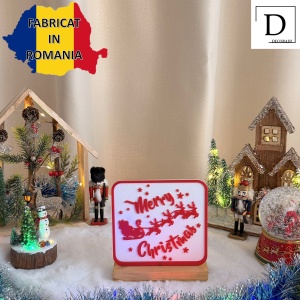 Decorațiune Crăciun, „Merry Christmas”– Eco-friendly, Baza din Lemn Natural, Alb/Rosu, 17cm, Handmade, Decor Interior Birou, Sufragerie, Cadou Crăciun, Printat 3D din PLA Eco (plastic biodegradabil), DECORADI® - Img 3