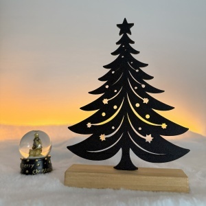 Decorațiune Crăciun, Brad– Eco-friendly, Baza din Lemn Natural, Negru 20.5cm, Handmade, Decor Interior Birou, Sufragerie, Cadou Crăciun, Printat 3D din PLA Eco (plastic biodegradabil), DECORADI® - Img 2