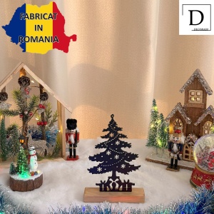 Decorațiune Crăciun, Brad – Eco-friendly, Baza din Lemn Natural, Negru 19cm, Handmade, Decor Interior Birou, Sufragerie, Cadou Crăciun, Printat 3D din PLA Eco (plastic biodegradabil), DECORADI® - Img 3