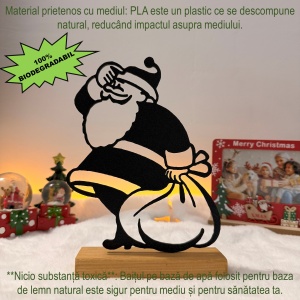 Decorațiune Crăciun, Moș Crăciun cu Sacul de Cadouri – Eco-friendly, Baza din Lemn Natural, Negru 22cm, Handmade, Decor Interior Birou, Sufragerie, Cadou Crăciun, Printat 3D din PLA Eco (plastic biodegradabil), DECORADI® - Img 4