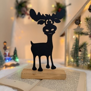 Decorațiune Crăciun, Ren – Eco-friendly, Baza din Lemn Natural, Negru, 21.5cm, Handmade, Decor Interior Birou, Sufragerie, Cadou Crăciun, Printat 3D din PLA Eco (plastic biodegradabil), DECORADI®