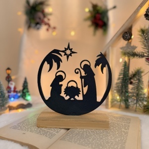 Decorațiune Crăciun, Scenă Nașterea Domnului – Eco-friendly, Baza din Lemn Natural, Negru 17cm, Handmade, Decor Interior Birou, Sufragerie, Cadou Crăciun, Printat 3D din PLA Eco (plastic biodegradabil), DECORADI®
