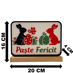 Decoratiune de Paste Fericit, Iepurasi si Oua colorate, Eco-friendly, Baza din Lemn Natural, Multicolor, 16 cm, Handmade, Decor Interior Birou, Sufragerie, Cadou Paste, Printat 3D din PLA Eco (plastic biodegradabil), DECORADI® - Img 6