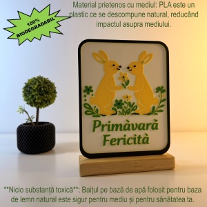 Decoratiune de Paste, Primavara Fericita, Eco-friendly, Baza din Lemn Natural, Multicolor, 19 cm, Handmade, Decor Interior Birou, Sufragerie, Cadou Paste, Printat 3D din PLA Eco (plastic biodegradabil), DECORADI® - Img 3