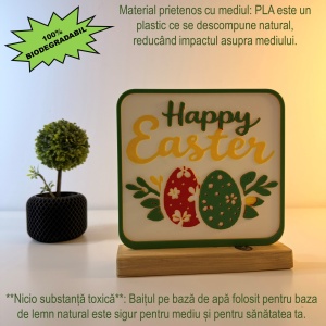 Decoratiune Happy Easter, Eco-friendly, Baza din Lemn Natural, Multicolor, 17 cm, Handmade, Decor Interior Birou, Sufragerie, Cadou Paste, Printat 3D din PLA Eco (plastic biodegradabil), DECORADI® - Img 3