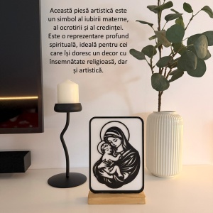 Decoratiune religioasa Fecioara Maria cu Pruncul – DECORADI®, Eco-friendly, Baza din Lemn Natural, Design Modern, Alb / Negru 21 cm – Cadou sau Decoratiune de interior spirituala si minimalista, Printat 3D din PLA Eco (plastic biodegradabil) - Img 4
