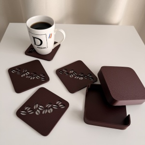 Set 4 suporturi / coastere pahare, Boabe cafea, patrat, 10 X 10 cm, Maro, cutie inclusa, imprimate 3D - Img 5