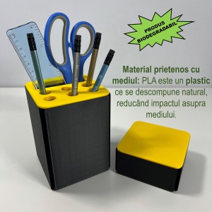 Set organizator de birou multifunctional, Suport 6 instrumente de scris si accesorii (12 X 9 X 9 CM) + Cutiuta suplimentara cu capac (4 X 9 X 9 CM), Galben/Negru, imprimat 3D din PLA (Bioplastic) - Img 3