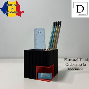 Suport articole birou 2 in 1, Multifunctional, Suport instrumente de scris si accesorii + compartiment inferior fix, Rosu/Negru, 8 CM, imprimat 3D din PLA (Bioplastic) - Img 2