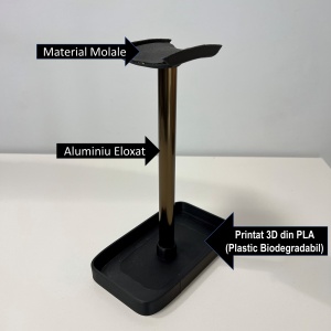Suport pentru casti de birou cu tavita, Negru, Aluminiu eloxat, imprimat 3D din PLA (Bioplastic), Material moale - Img 3