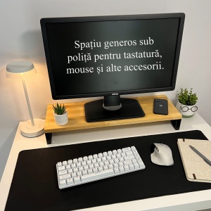 Suport pentru monitor, 60 X 20 X 8 CM, Picioare printate 3D din PLA (Bioplastic), Negru, Panou din lemn natural (Fag) - Img 5