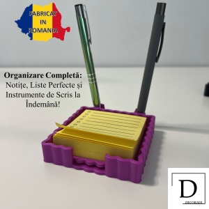 Suport pentru notite de birou cu spatiu dedicat pentru pixuri + sablon pentru liste personalizate, Mov,9.5 cm, imprimat 3D din PLA (Bioplastic) - Img 2