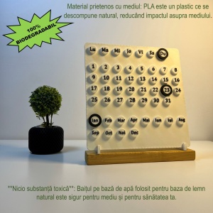 Calendar decorativ birou – Perpetuu, DECORADI®, Eco-friendly, Baza din Lemn Natural, Design Abstract, alb / negru, 23cm – Cadou sau Decoratiune de interior cu design modern, Printat 3D din PLA ECO (plastic biodegradabil) - Img 3