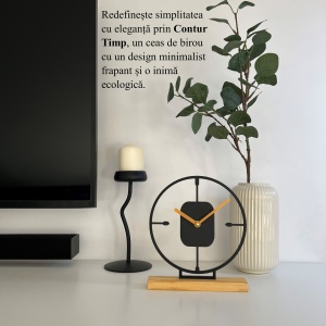 Ceas de birou - Mecanism SILENTIOS – DECORADI®, Eco-friendly, Baza din Lemn Natural, Design Abstract, Negru 23cm – Cadou sau Ceas de camera decorativ cu design modern, Printat 3D din PLA ECO (plastic biodegradabil) - Img 5