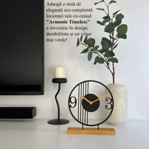 Ceas de birou - Mecanism SILENTIOS – DECORADI®, Eco-friendly, Baza din Lemn Natural, Design Abstract, Negru 23cm – Cadou sau Ceas de camera decorativ cu design modern, Printat 3D din PLA ECO(plastic biodegradabil) - Img 5
