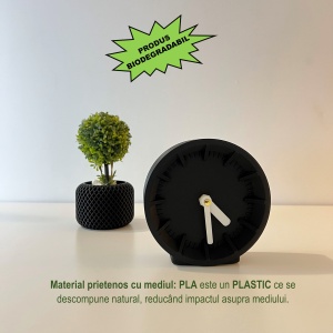 Ceas de birou - Mecanism SILENTIOS – DECORADI®, Eco-friendly, Design Modern, Negru, Diametru 11 cm – Cadou sau Ceas de camera decorativ cu design modern, Printat 3D din PLA ECO(plastic biodegradabil) - Img 3