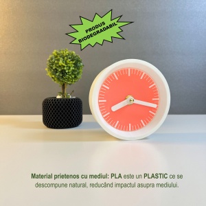 Ceas de birou - Mecanism SILENTIOS – DECORADI®, Eco-friendly, Design Modern, Colectie Kaleia, Alb / Roz, Diametru 11cm – Cadou sau Ceas de camera decorativ cu design modern, Printat 3D din PLA ECO (plastic biodegradabil) - Img 3