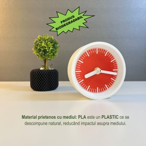 Ceas de birou - Mecanism SILENTIOS – DECORADI®, Eco-friendly, Design Modern, Colectie Kaleia, Alb / Rosu, Diametru 11cm – Cadou sau Ceas de camera decorativ cu design modern, Printat 3D din PLA ECO (plastic biodegradabil) - Img 3
