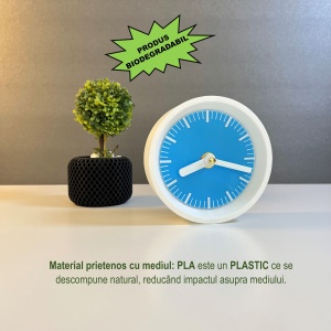 Ceas de birou - Mecanism SILENTIOS – DECORADI®, Eco-friendly, Design Modern, Colectie Kaleia, Alb / Albastru, Diametru 11cm – Cadou sau Ceas de camera decorativ cu design modern, Printat 3D din PLA ECO (plastic biodegradabil) - Img 3
